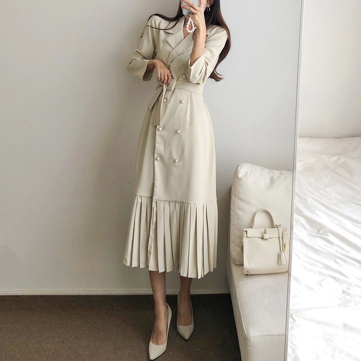 요시아나 당일발송 단아한 그랑시아 카라넥 진주 더블단추 플리츠 벨티드 롱원피스 2컬러