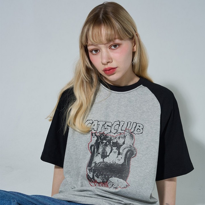 캣클럽 래글런 반팔 티셔츠 멜란그레이