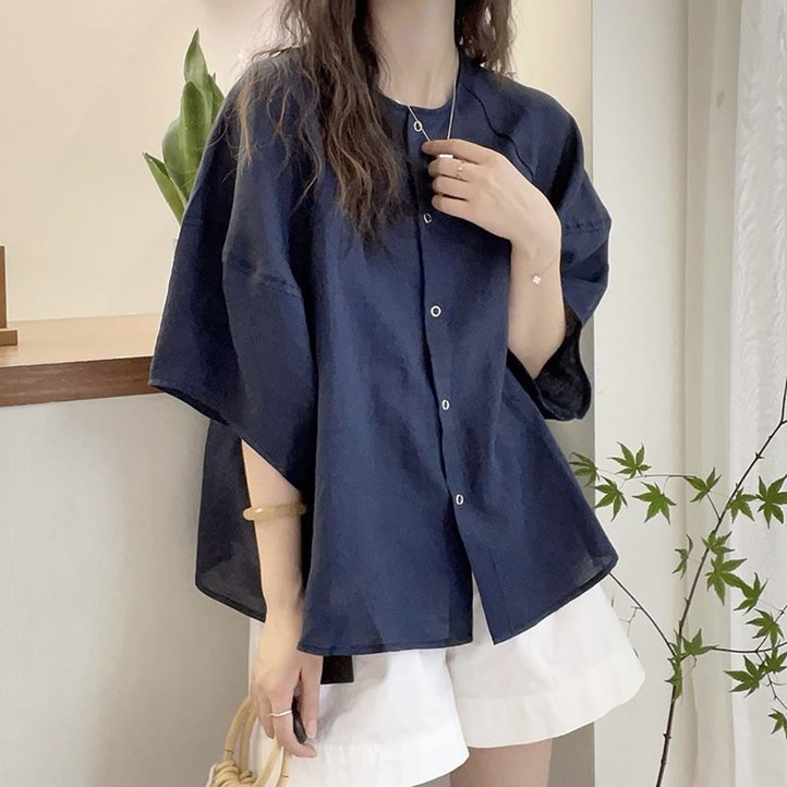 ROYALBELLE 여성 라운드넥 버튼 루즈핏 가오리소매 셔츠 데일리 베이직 G0050711