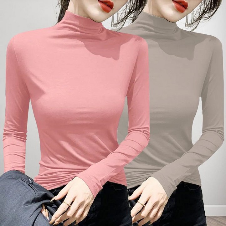 11 여자 목폴라티 심플 반폴라 긴팔티 2피스 슬림핏 이너티 상의 봄 가을 여성 긴팔 티셔츠 CJJ