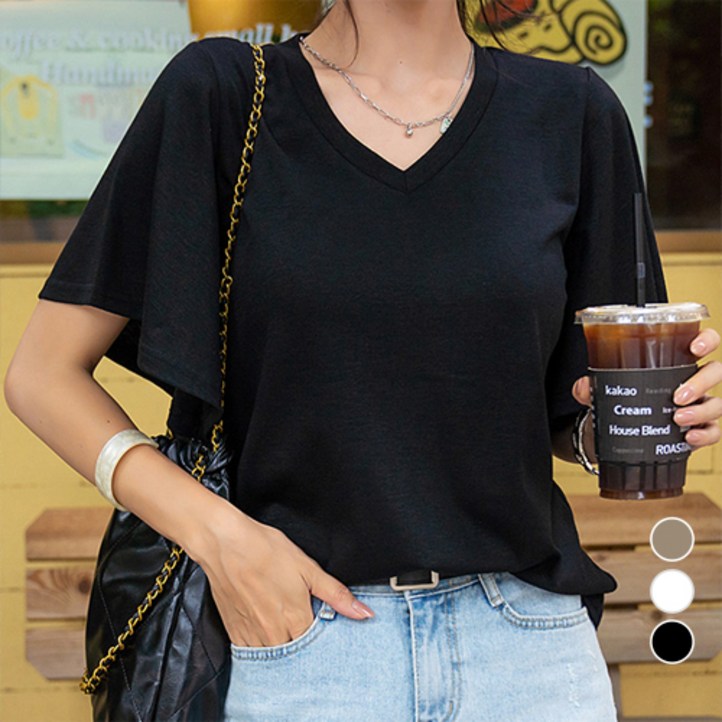 나크21 55120 플레어 소매 브이넥 티셔츠 KO32T19