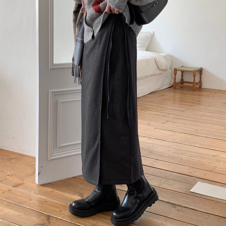 롱스커트 여성 데일리 겨울 가을 랩라인 울롱스커트