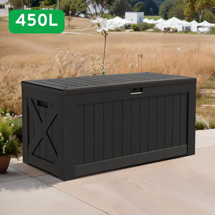Homall 호몰 아웃도어 실내 데크박스 수납벤치 플라스틱 다용도 정원정리 야외보관함 캠핑수납 450L, 1개, 블랙