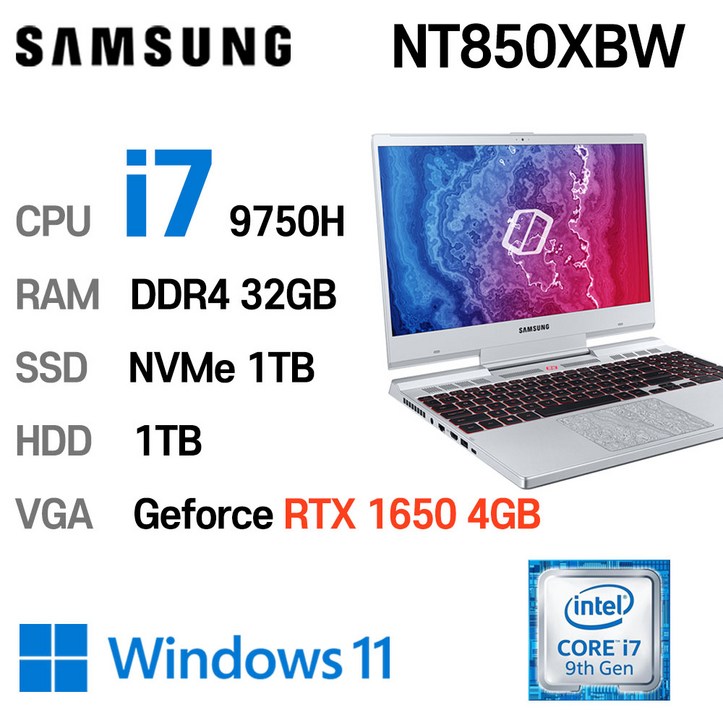 삼성전자 중고노트북 삼성게이밍노트북 오디세이 NT850XBW 인텔 i7-9750H 9세대 프로세서 32GB NVMe 1TB + HDD 1TB, 티탄실버 + HDD 1TB, NT850XBW, 코어i79750H, 1TB, 16GB, WIN11 Pro 7811772748