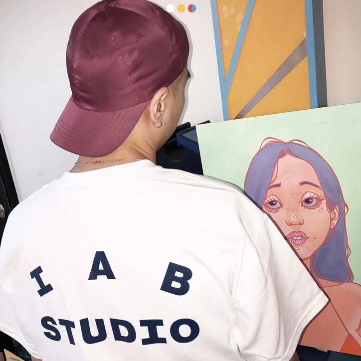 IAB Studio 남성용 한국 알파벳 프린트 코튼 티셔츠, 반팔 티셔츠, 하이 스트리트