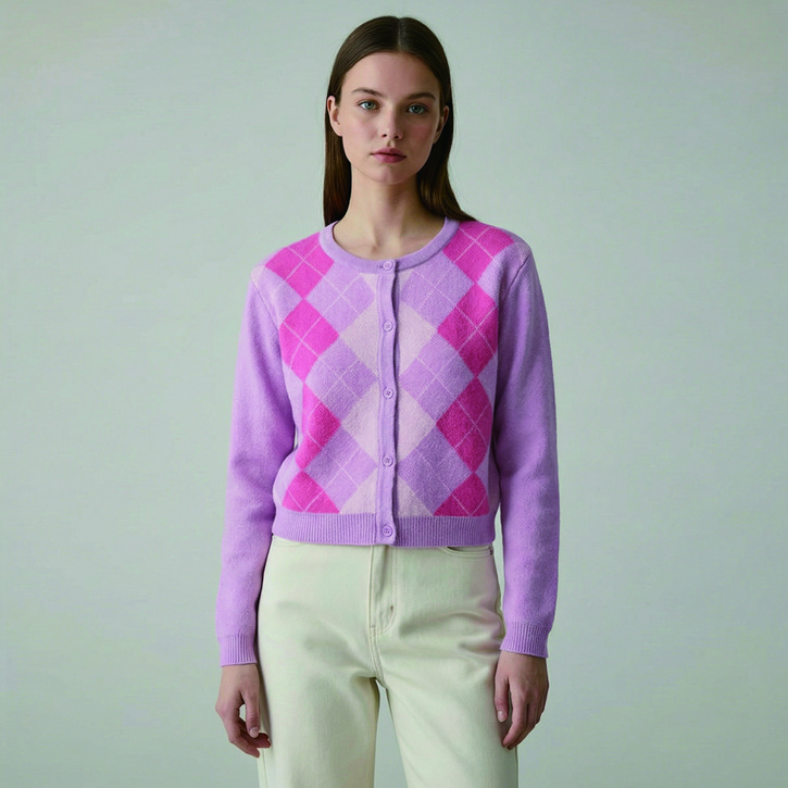 올리브데올리브 여성용 아가일체크 배색 라운드 니트 가디건