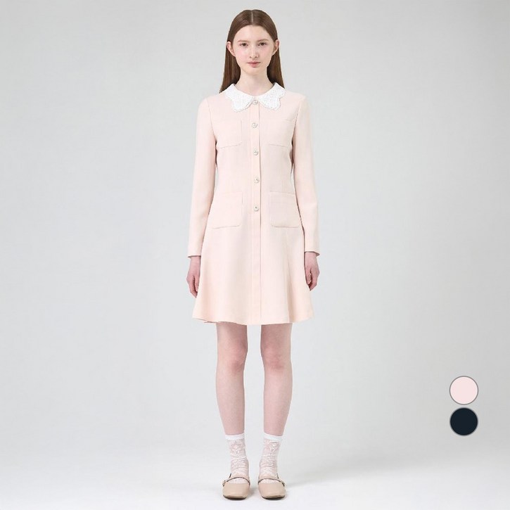 케네스레이디 여성용 레이스 카라 포켓 플레어 원피스