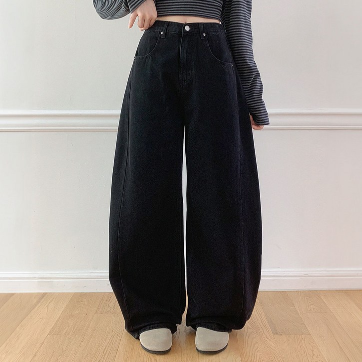 플랜데이 여성용 숏미디움롱 기장 에즈 절개 워싱 와이드 데님 팬츠