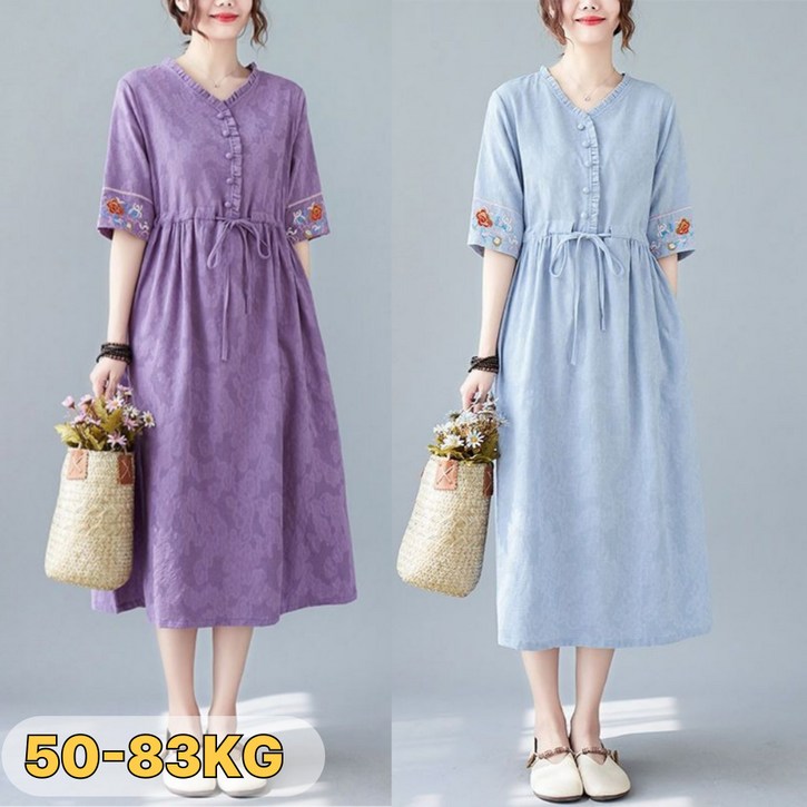 UNIQUEZON 중년여성 린넨 반팔 원피스 자수 스트랩 빅사이즈 여름 루즈핏 엄마옷 40대50대60대