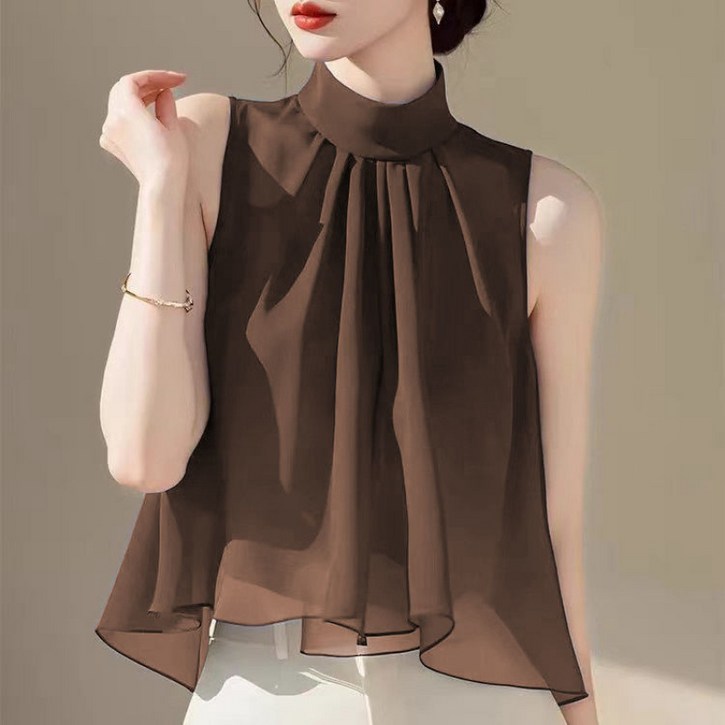 유니픽여성 봄여름 시폰 하이넥 무팔 탑 주름 디자인cjg