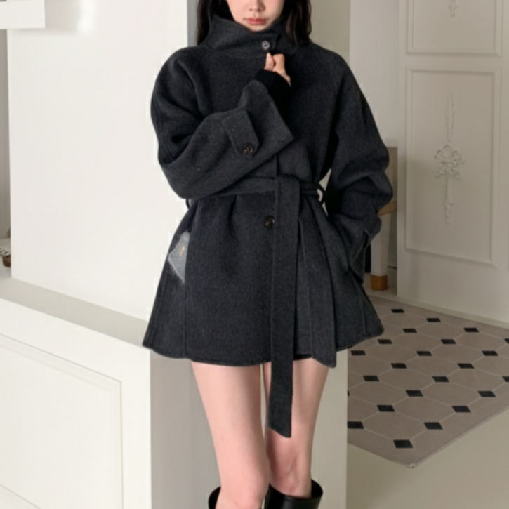 유니크코코 핸드메이드 하이넥 울 하프 코트 ot5822