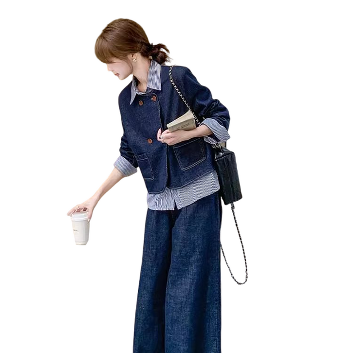 셀럽당 데님 코트 여 춘추 와이드 팬츠 투피스C01385