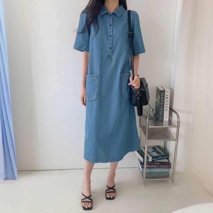 HL 원피스 데님 롱 바이 반팔 집앞룩 꾸안꾸룩