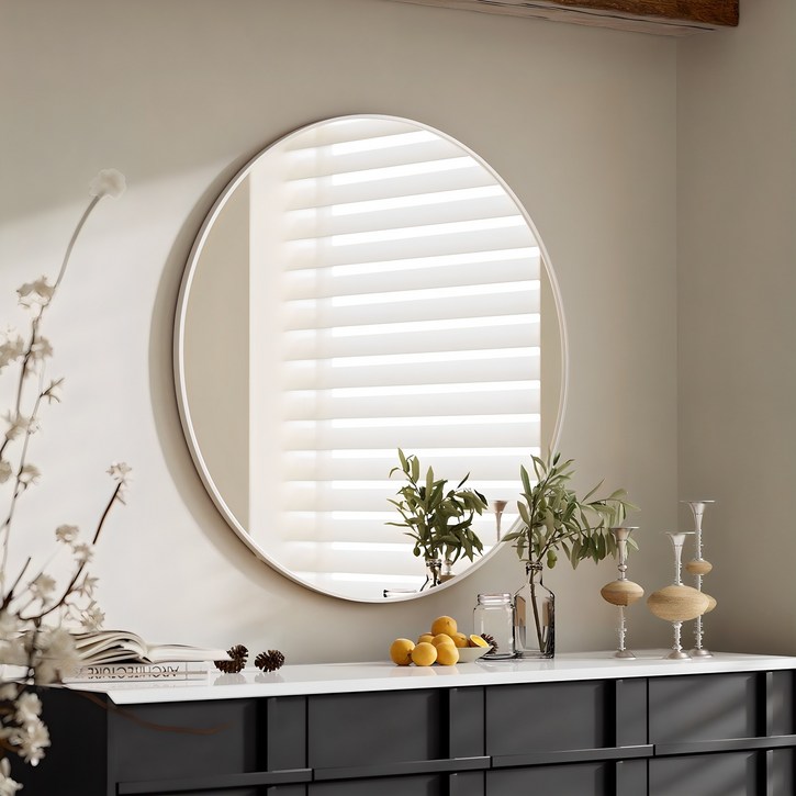 뷰티피크 화장대 거울 원형 벽걸이형 욕실거울, 화이트75cm