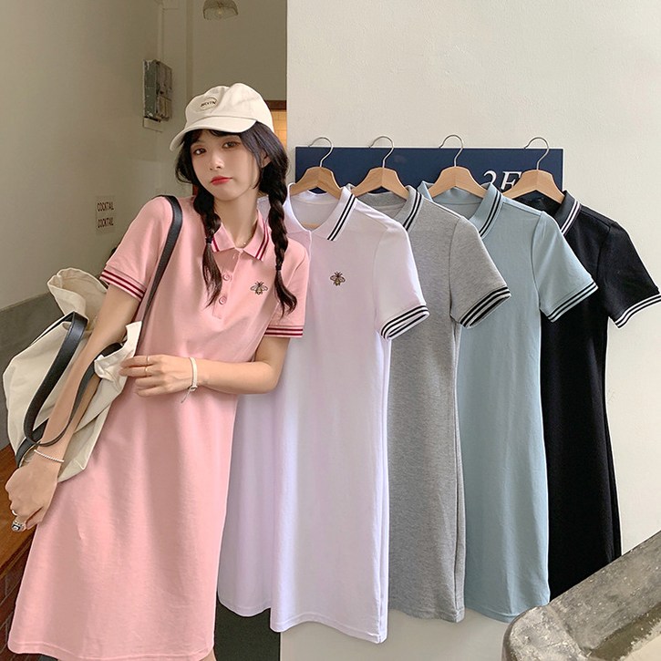 스타일아유 여성 여름 반팔 캐쥬얼 테니스 소프트 루즈핏 미디 셔츠 카라 원피스