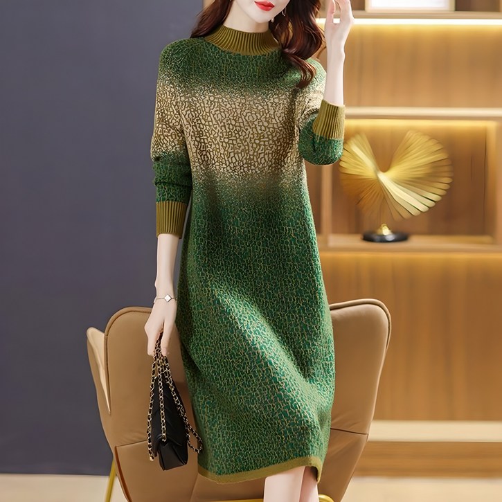 ROYALBELLE 여성 빈티지 하프넥 긴팔 니트 원피스 데일리 루즈핏 중년여성 미디 원피스 V113015