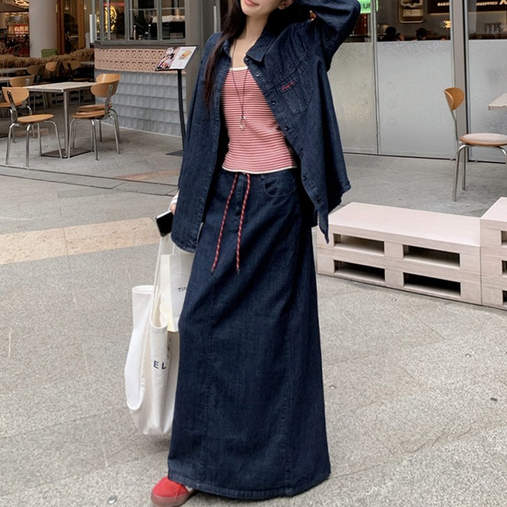 대박난박양 논페이드 데님 롱스커트 셋업(세일)