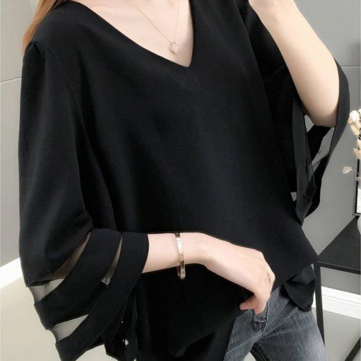 죠니제리 빅사이즈 가오리 블라우스 여성 여름 쉬폰 브이넥 반팔티셔츠 7부