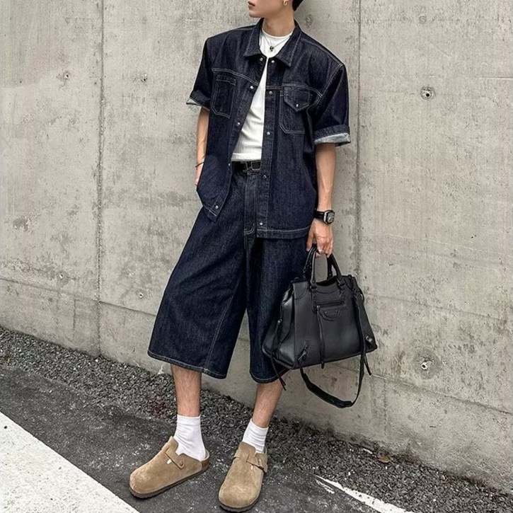 킹앤조이 리누스 투포켓 반팔 데님 셔츠+7부 와이드 데님 팬츠 셋업