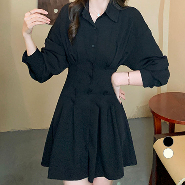 허리 슬림 플레어 셔츠형 미니 원피스