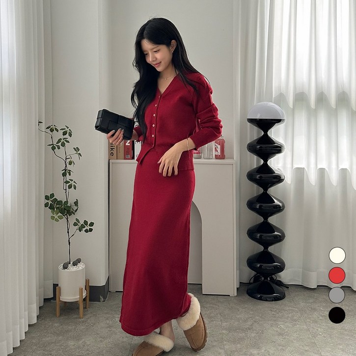 디테일웨어 여성 브이넥 가디건 밴딩 스커트 세트 도톰한 니트 상하세트 H라인 가을 겨울 하객룩 오피스룩