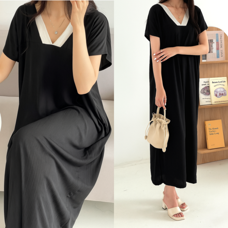 선데이핏 플리츠 체형커버 반팔 롱 원피스 여름 빅사이즈 루즈핏