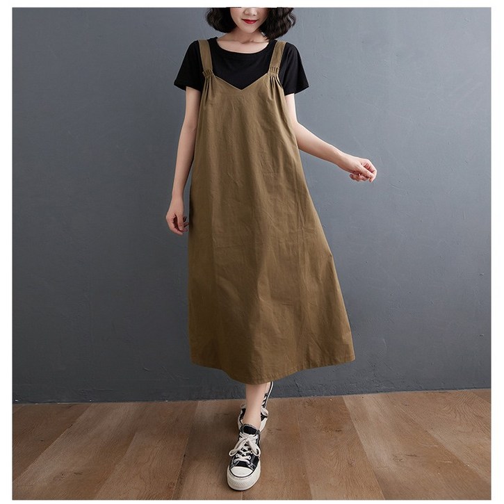 POMTOR면마 봄 여름 루즈핏 빅사이즈 멜빵 원피스 여성 멜빵치마  롱 원피스