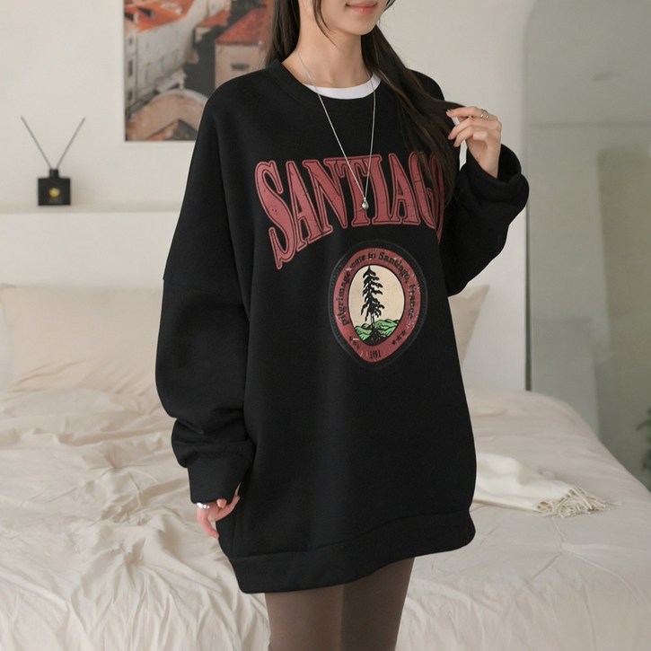 데일리앤 에세이 여성 겨울 기모 박스티 프린팅 롱 맨투맨