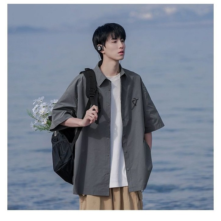 여름 남자 반팔셔츠 캐주얼 가디건 셔츠 루즈핏 카고 셔츠