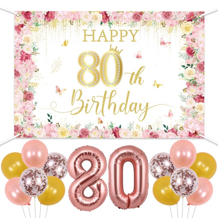 80세생일배경현수막풍선세트, 어머니80세생일장식용품, 1세트, 로즈골드