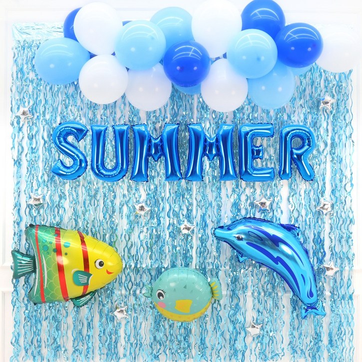 파티짱 여름 SUMMER 풍선 세트 파티 이벤트, 1개, SUMMER 여름 클라우드 풍선 커튼 세트오션블루