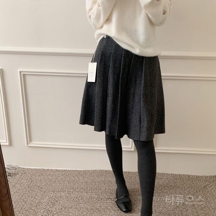 티류으스 여성 가을 겨울 니트 플리츠 울 앙고라 미디 스커트 Z0407