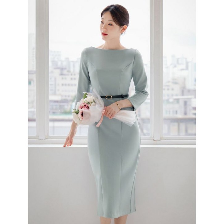 시크라인(~XXL까지) 디라엔 보트넥 H라인 벨트 미디 원피스 가을 하객룩 오피스룩 모임룩 격식룩 빅사이즈