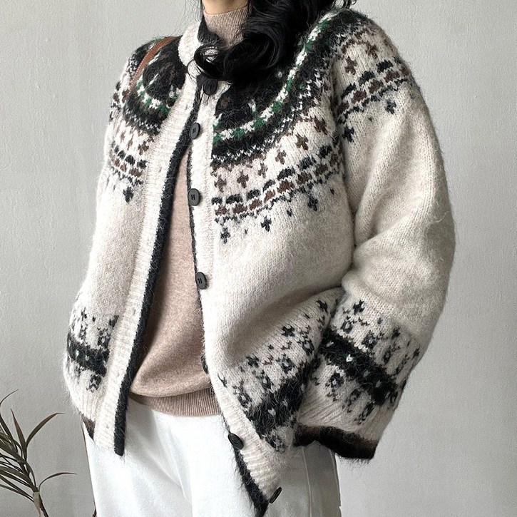 네모엔룩 노르딕라운드 여성용 북유럽 패턴 라운드배색 캐주얼 도톰 포실포실 라운드넥 니트 가디건