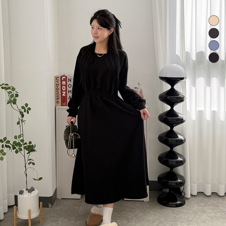 디테일웨어 여성 기모 뮤즈 롱원피스 허리 통밴딩 오버핏 플레어 스커트 포켓 편한원피스 강아지 산책 임산부 원피스