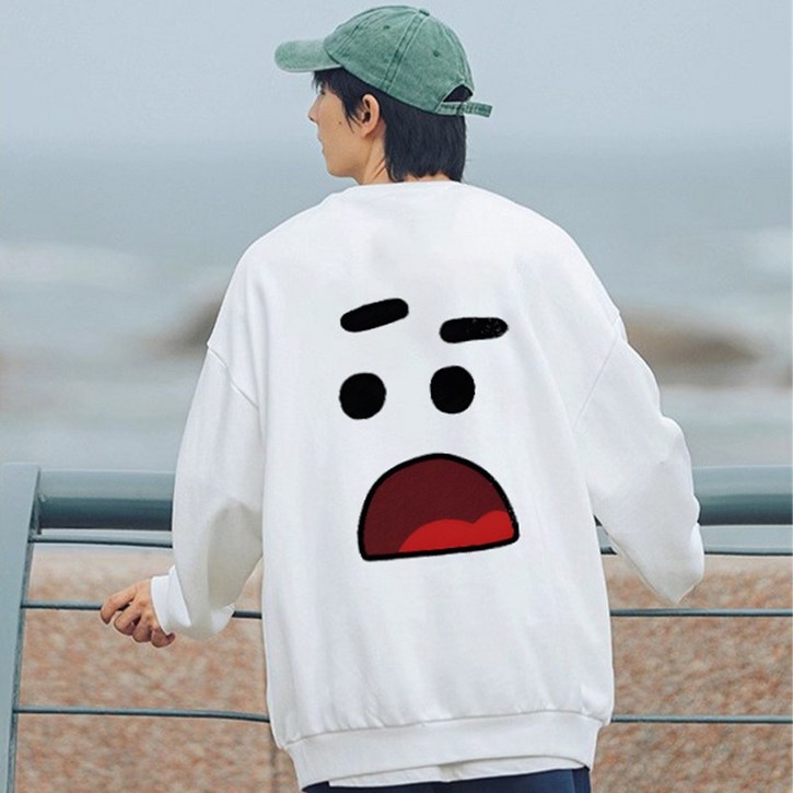 FONOW 남녀공용 오버핏 심플  깜짝이야 프린팅 맨투맨 긴팔 티셔츠 후드티