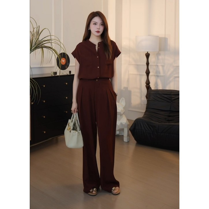 여성 투피스 2025 여름 신상 반팔 상의 밴딩 허리 하이웨이스트 와이드 팬츠 슬림핏 세트