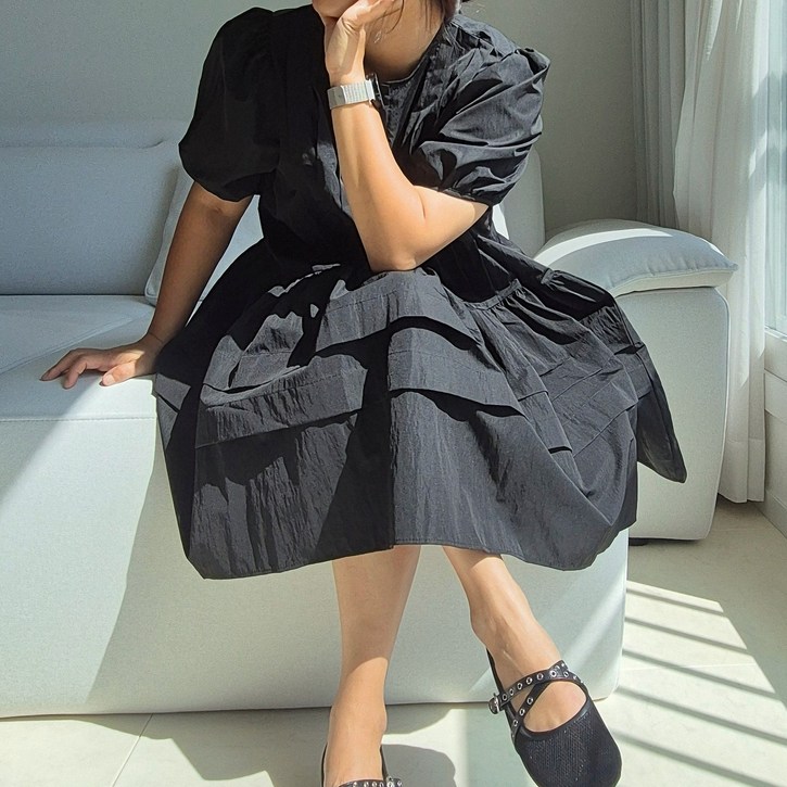 원피스 미니 핀턱 바스락 벌룬핏 아방핏 루즈핏 키작녀 바캉스룩 블랙 베이지 l ZooA주아