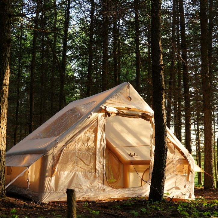 4-8인용 인플레이터블 캠핑 텐트 - 퀵설치 에어텐트, 4계절 방수 휴대용 아웃도어 텐트 (스토브 잭 포함), 메쉬 창문 & 도어, 초대형 캐노피 리빙룸 설계로 캠핑 및 야외 활동, 카키색