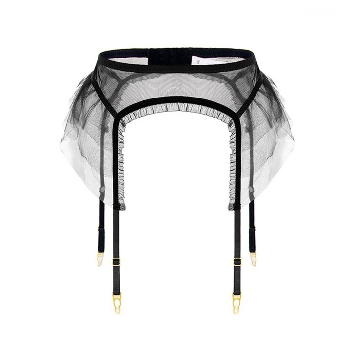 여성은 메쉬 가터 벨트 ruffle 트림 트림 정지 벨트를 통한 허벅지 높이를 봅니다.