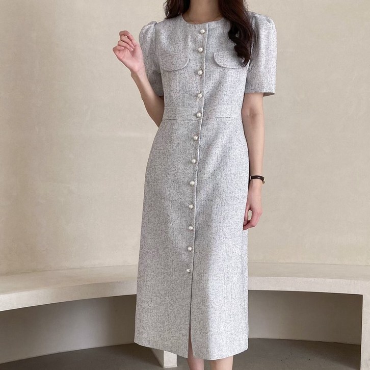 트위드원피스 버튼 오픈 반팔 H라인 롱 원피스