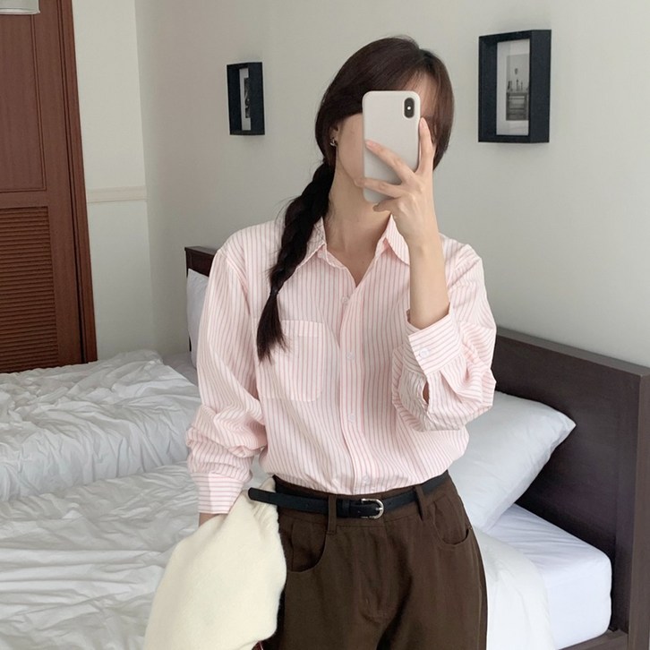 S2XL사이즈데일리 여성 스트라이프 셔츠 긴팔 남방 카라셔츠 빅사이즈 루즈핏 오버핏 간절기