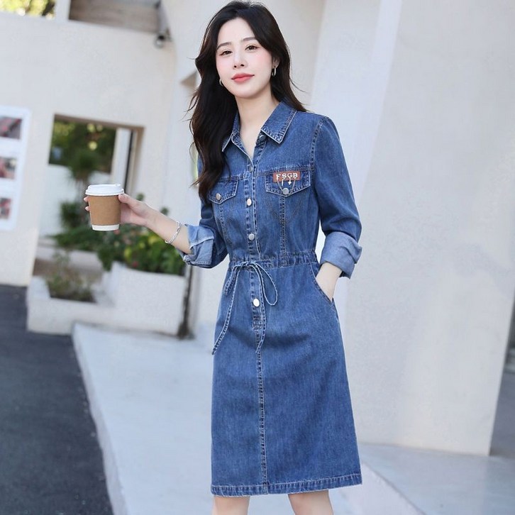 jieve 여성 청바지 원피스 긴팔 캐주얼 스트링벨트 앞단추 봄가을 패션 청치마SL090913