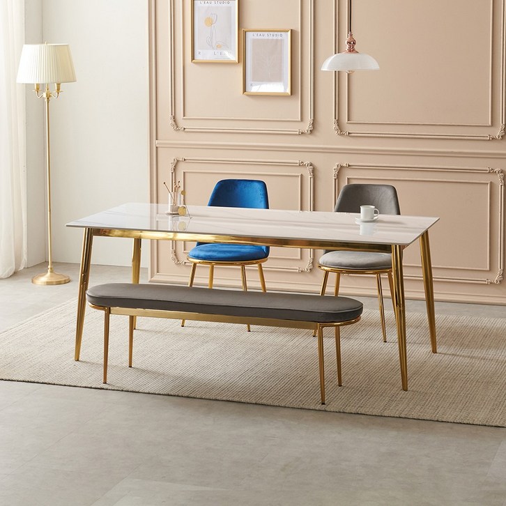 라로퍼니처 아델 1800 유광 포세린 통 세라믹 6인 식탁 세트 골드 프레임 테이블