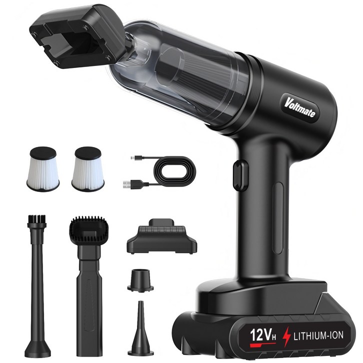 Voltmate 16000Pa 2단 조절 BLDC 강력 무선 리튬 배터리 핸디 차량용 청소기 LED 조명 배터리 잔량 표시 TypeC 포트