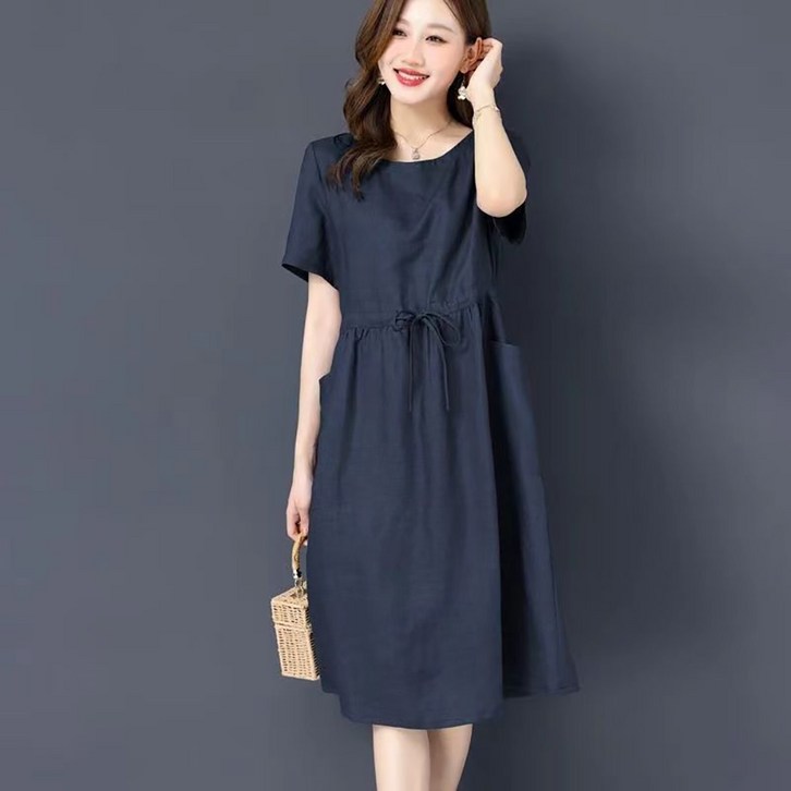 ROYALBELLE 여성 오버핏 허리 스트링 반팔 원피스 라운드넥 데일리 심플 면마 원피스 D0021409