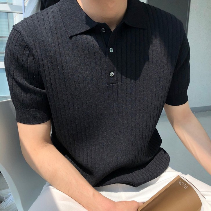 [당일배송/누적4만장]여름 시원한 어깨깡패 머슬핏 어깨넓어보이는 골지 헨리넥 단추카라 니트 반팔 티셔츠
