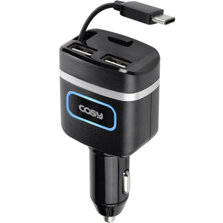 코시 QC3.0 USB 2포트 차량용 자동감김 급속 충전기 타입C, CGR3247AT, 블랙