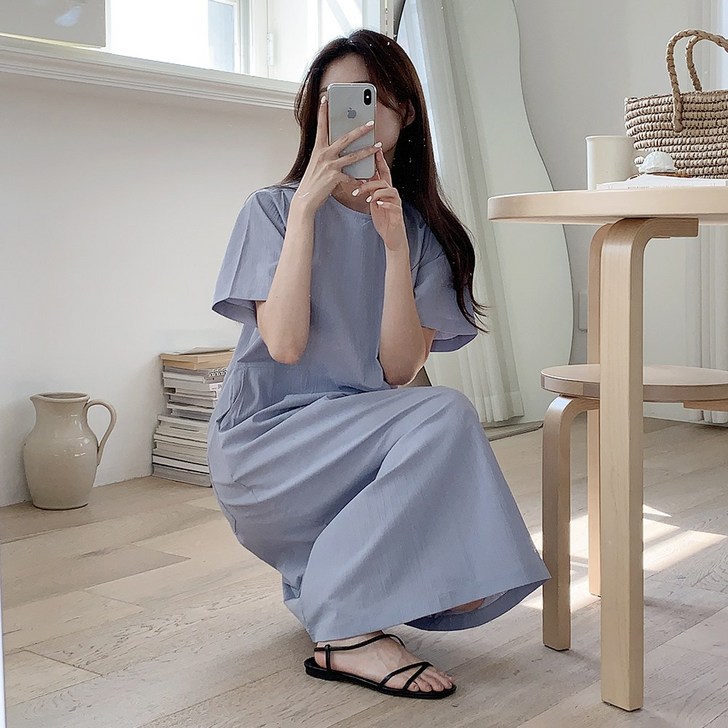 앤샵 자체제작국내생산 여성용 링클 아노락 반팔 뒷주머니 롱 원피스3color