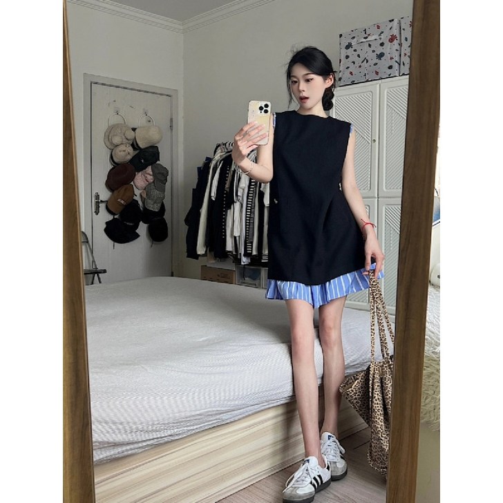 COSYEVNO 여름 여성원피스 라운드넥 민소매 패션 A라인 스커트